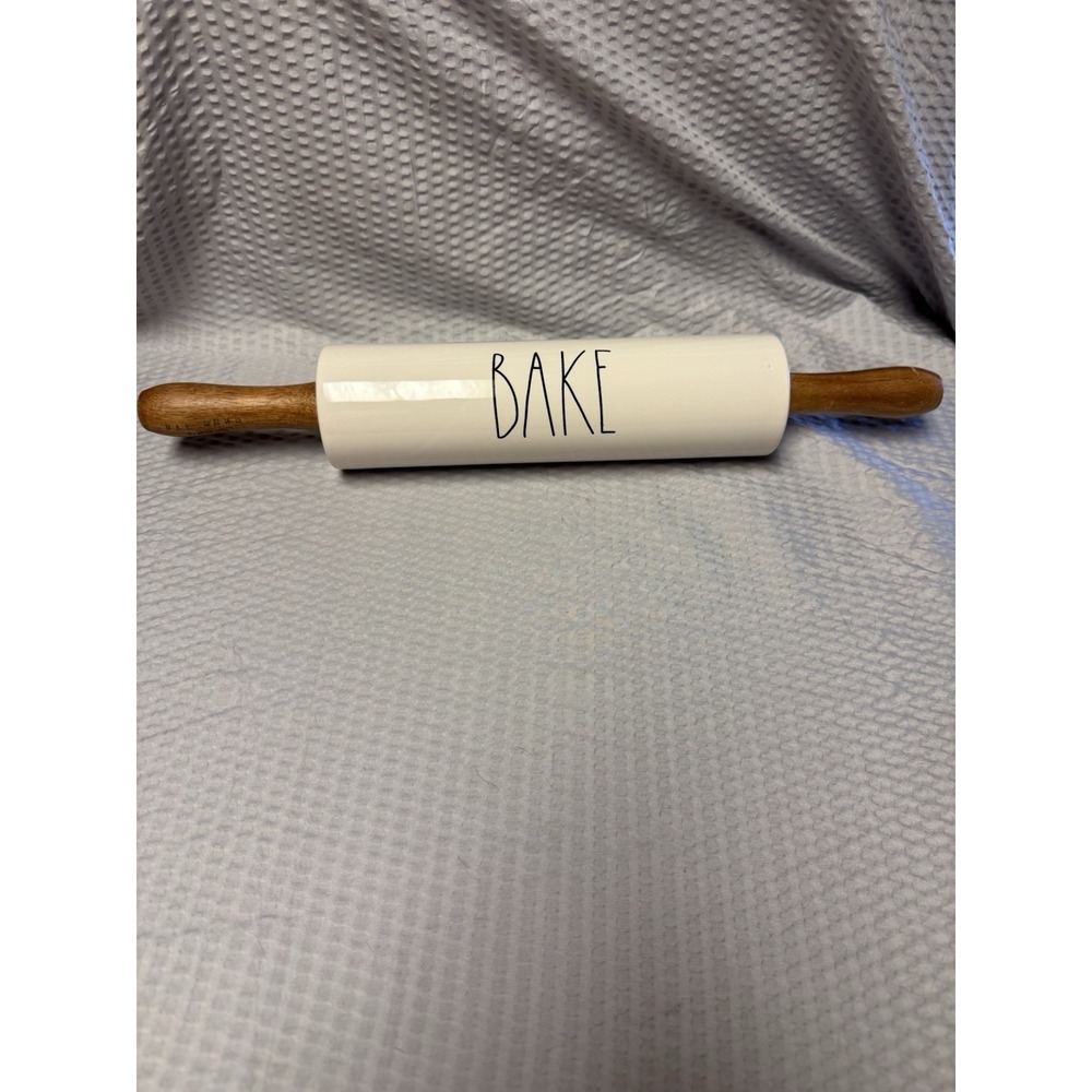 Rae Dunn by Magenta "BAKE" Ceramic Rolling Pin Wood Handles Discontinued
